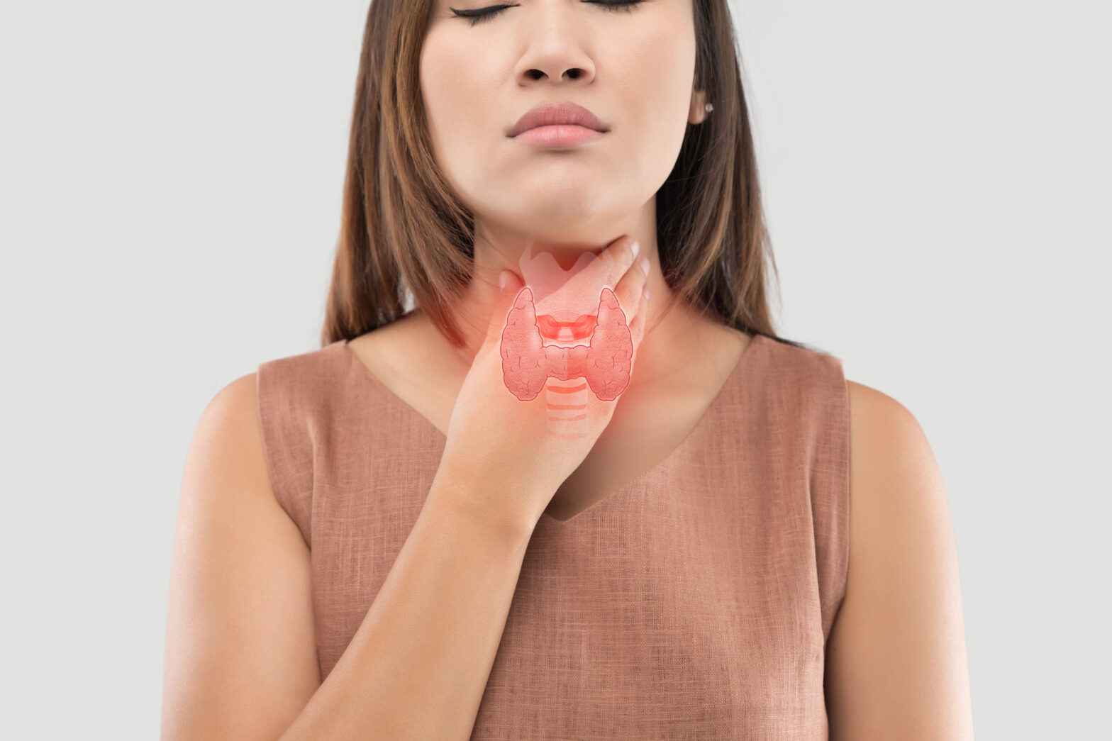 Women thyroid gland control. Sore throat of a people on gray bac