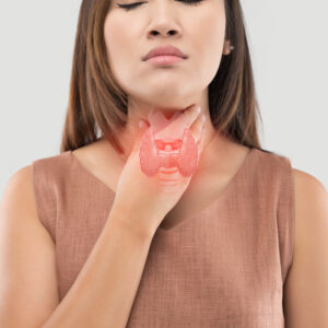 Women thyroid gland control. Sore throat of a people on gray bac